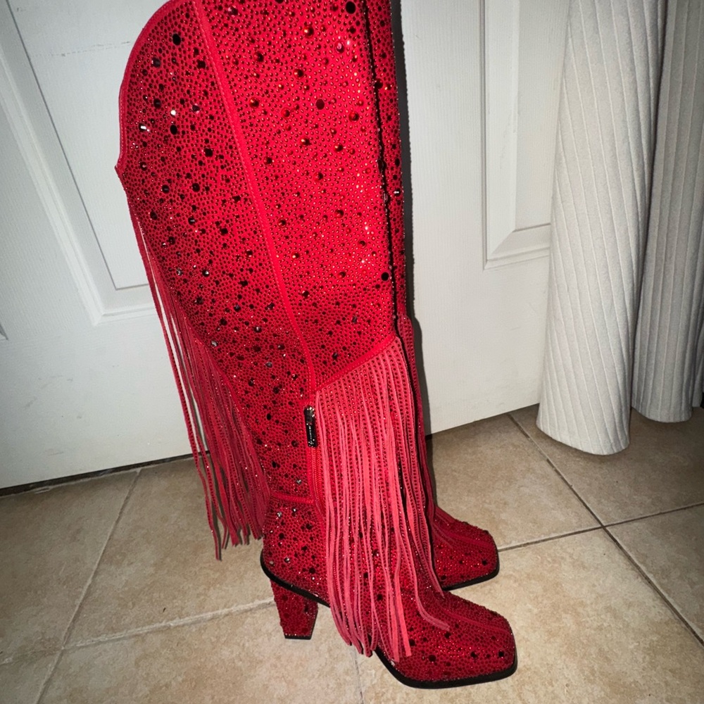 Jessica Simpson Red Sparkle Fringe Heeled Boots